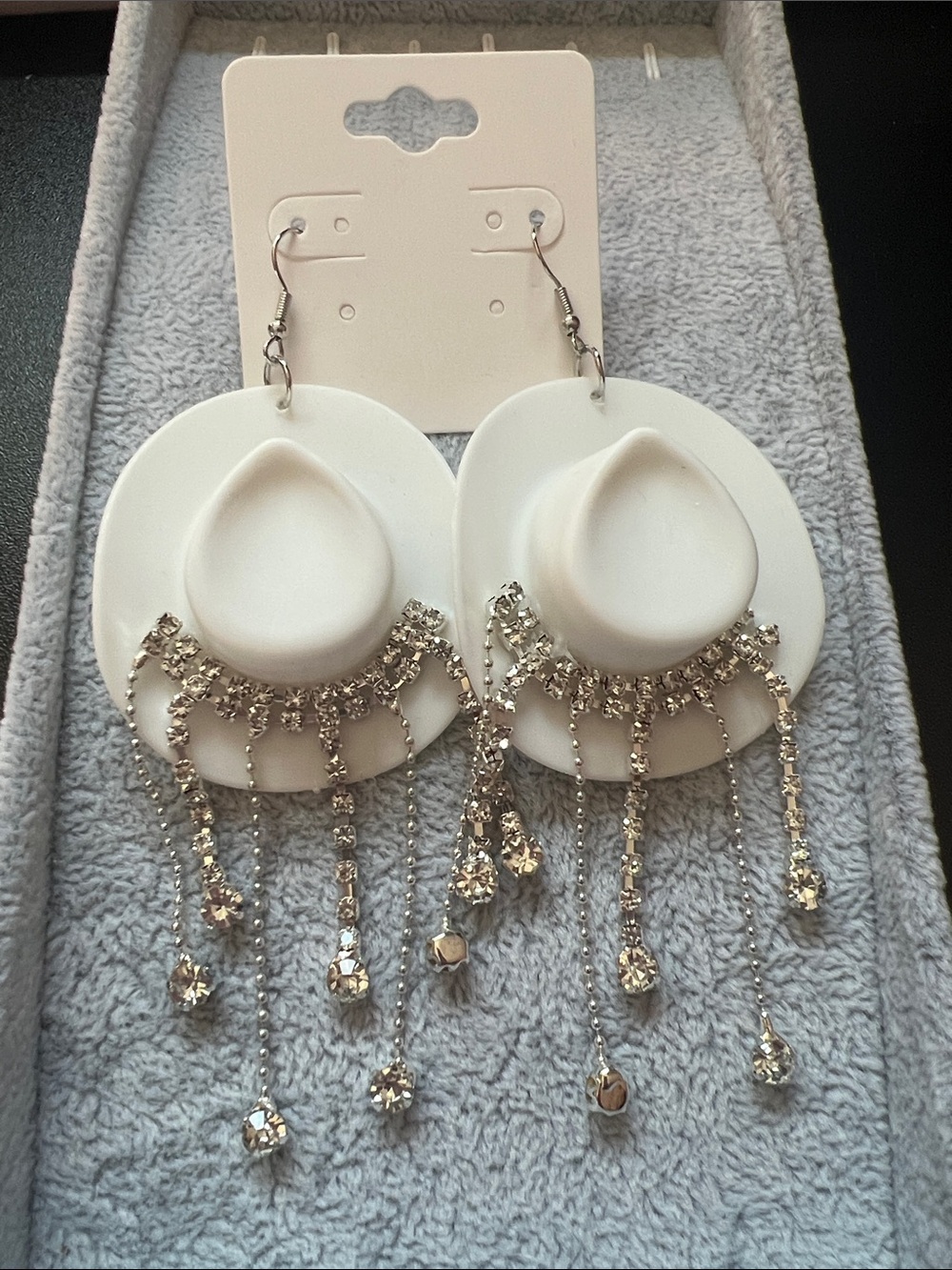 White Rhinestone Cowboy Hat Drop Earrings — Glam Fringe